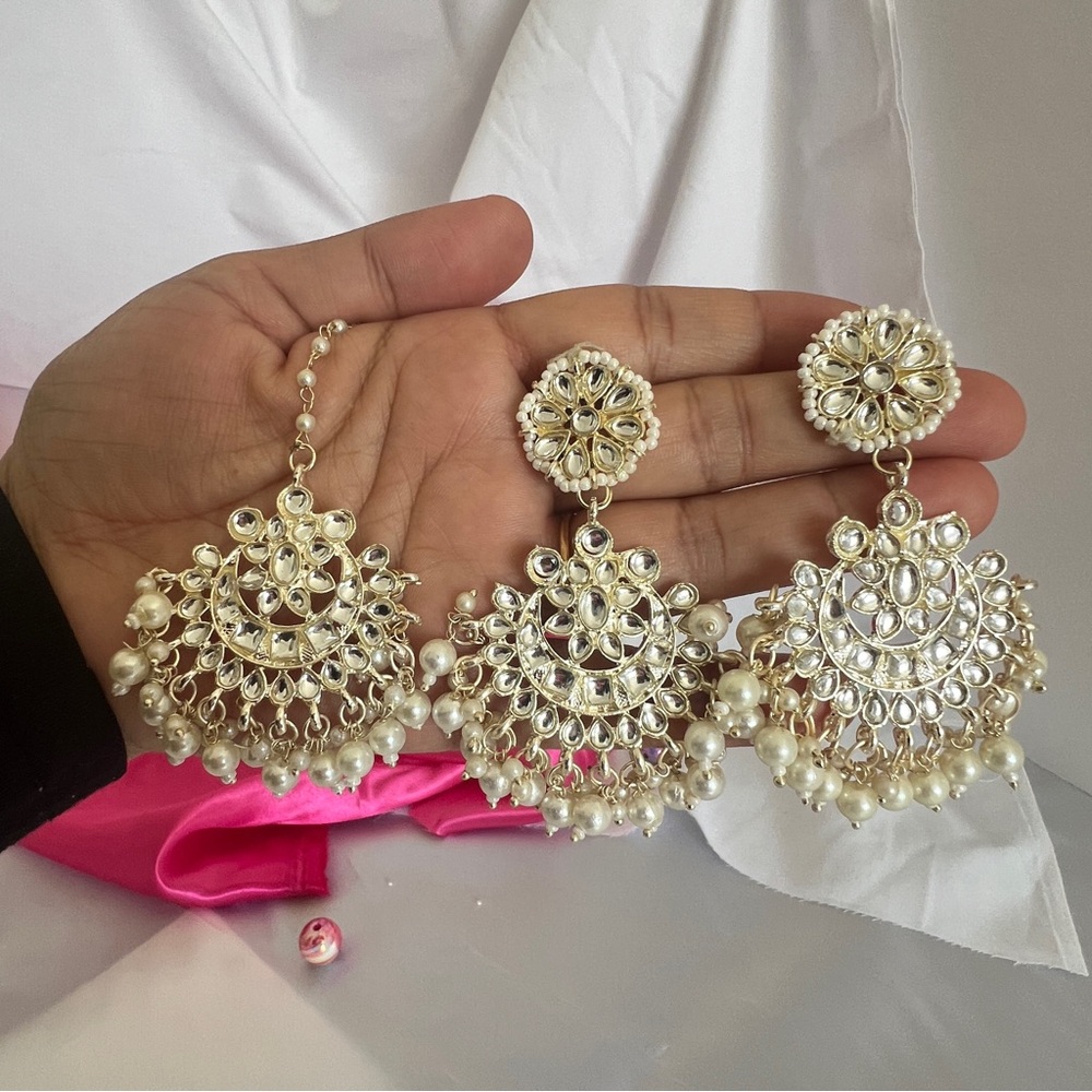 Gold-Tone Pearl Chandbali Earrings with Jhumka Drops